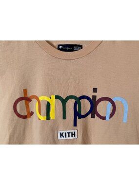 Rare Kith x Champion Double Logo T-Shirt, Medium, Tan, Collectible, Unisex